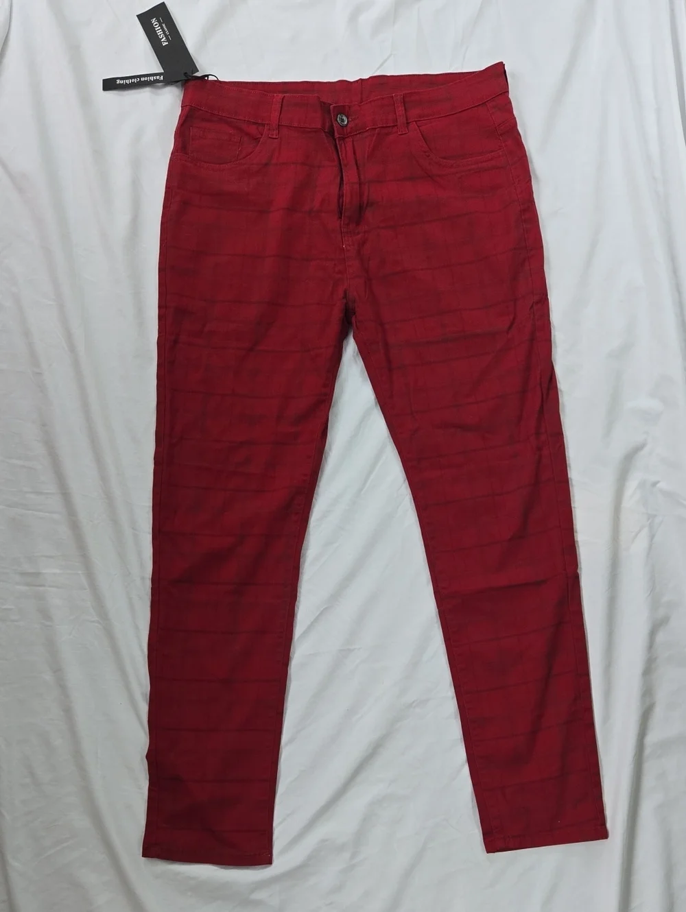 Men's Red Plaid Pants, Plaid Lines Black And Some Blue